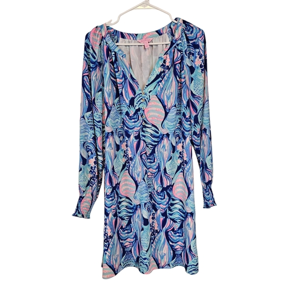 Lilly Pulitzer Dresses & Skirts - Lilly Pulitzer Brynle Twitlight Blue Scale Up Shift Dress Long Sleeve Vneck